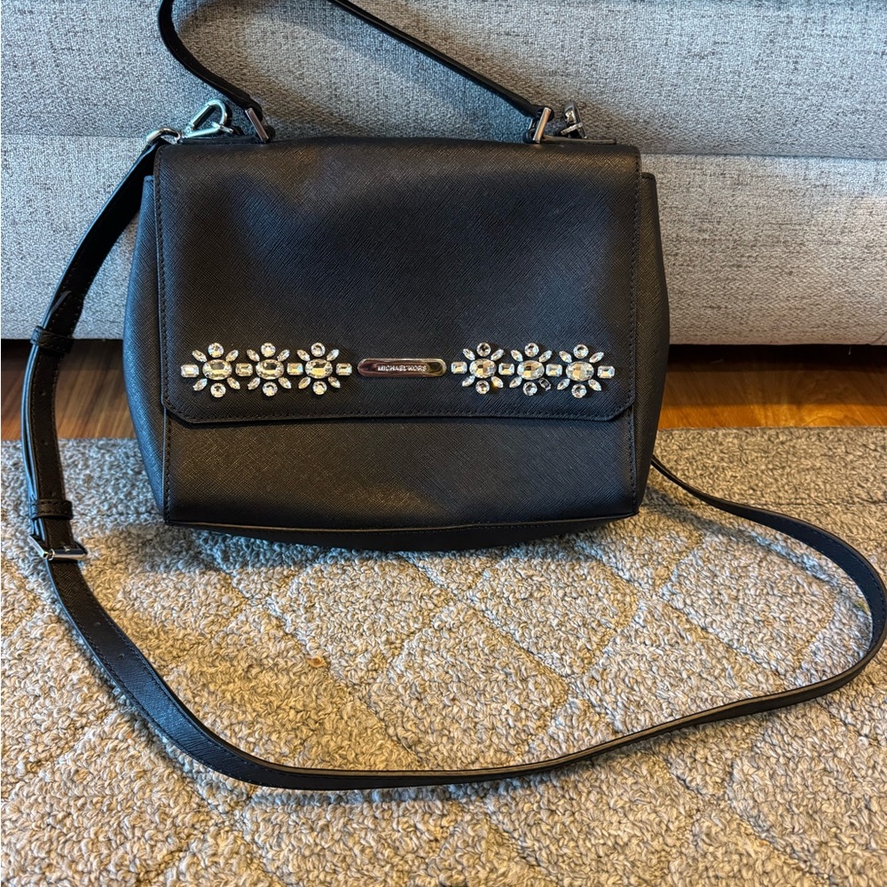 Michael Kors Black Crossbody Bag with Silver Embellishments